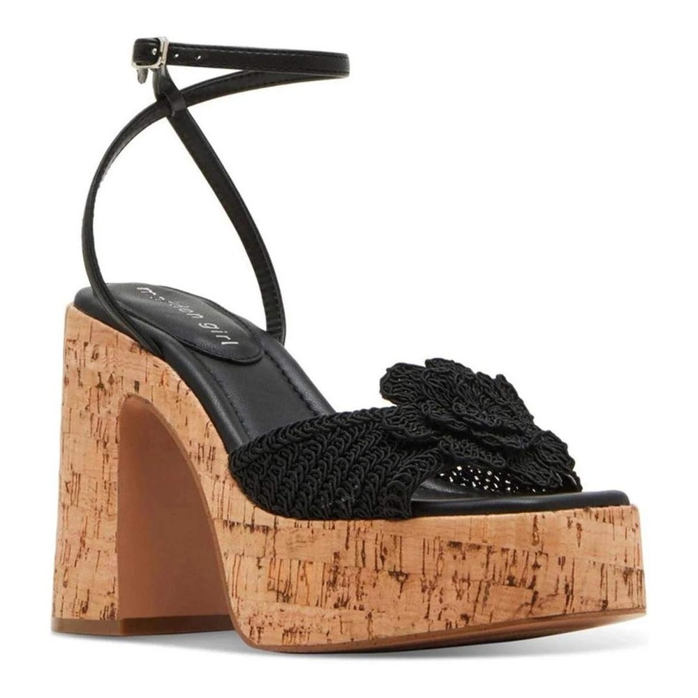 Madden Girl Gardenn Sandal Women 9.5 Black Crochet Cork Platform Heel Boho Retro